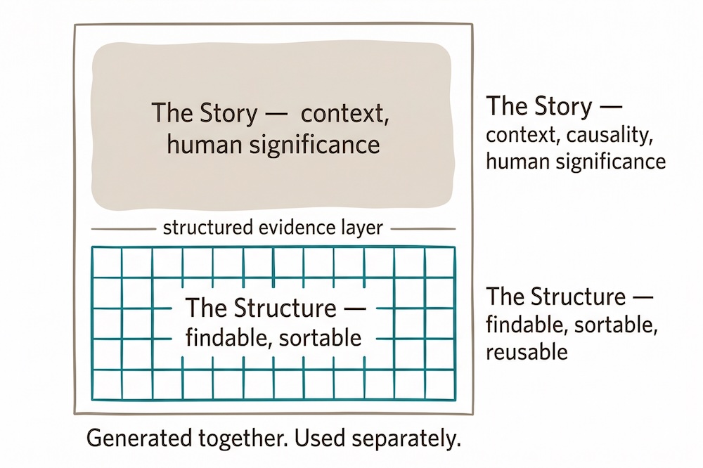 Two layers, one report. The narrative layer carries context, causality, and human significance. The structured evidence layer beneath it is findable, sortable, and reusable. Generated together. Used separately.