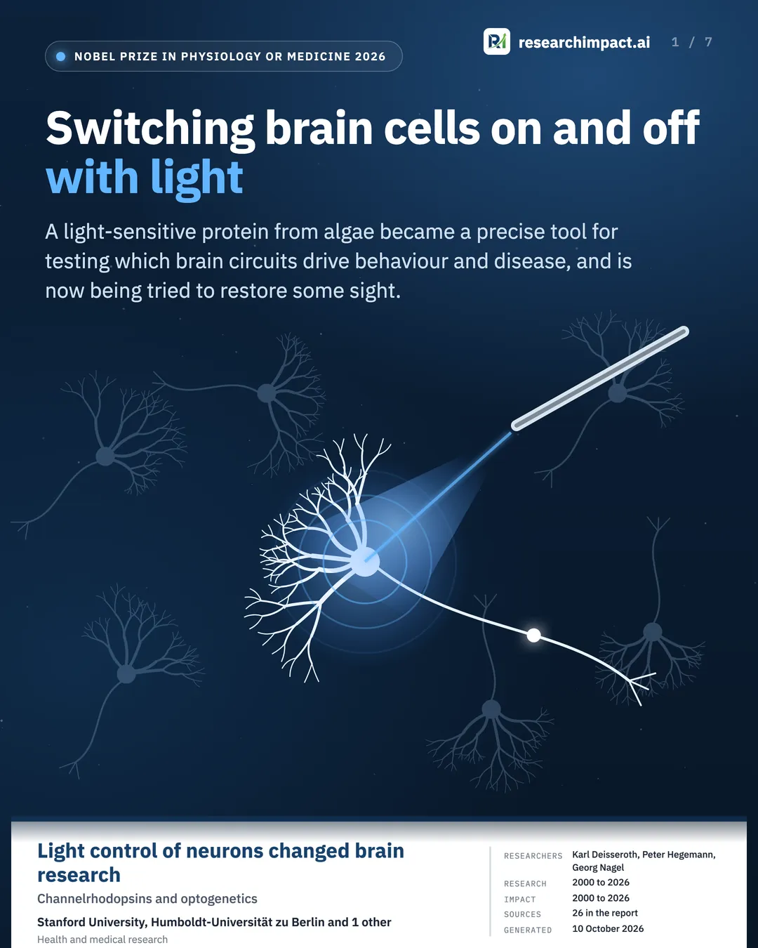 A nerve cell lit by blue light from a fine optical fibre, firing while the cells around it stay dark. Nobel Prize in Physiology or Medicine 2026, Karl Deisseroth, Peter Hegemann and Georg Nagel.