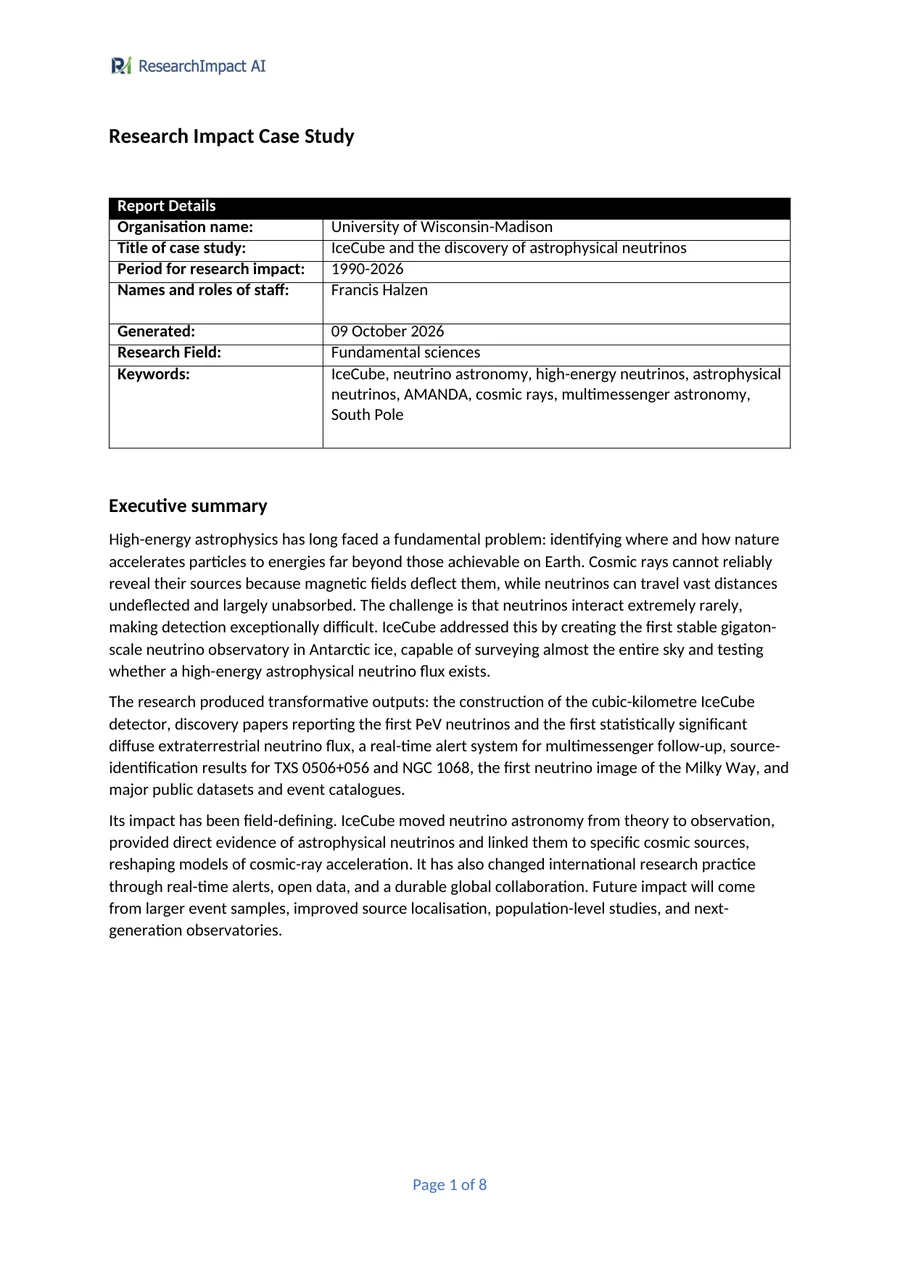 Cover page of a ResearchImpact report with its executive summary