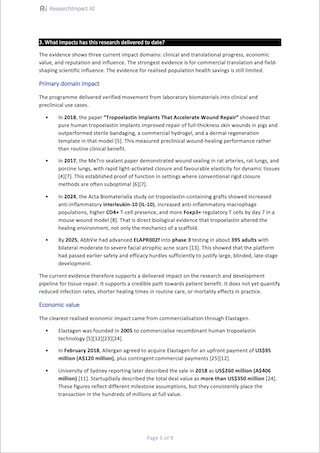 A page from inside a generated impact case study, showing a section on the impacts delivered to date, with subheadings, evidence bullets and numbered citations running through the text.